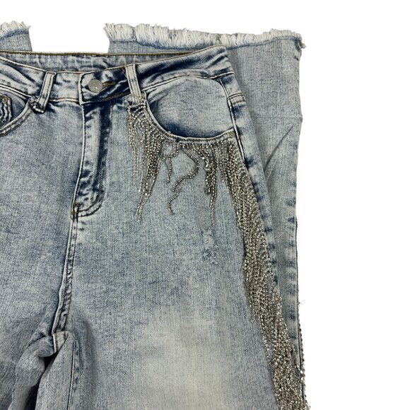 Blue B High-Waisted Light Wash Fringe Embellished Jeans With Raw Hem Size L - Picture 4 of 8